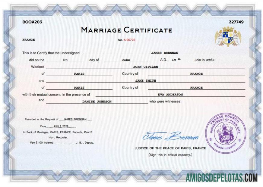 Realista modelo Word e PDF de certidão de casamento na França